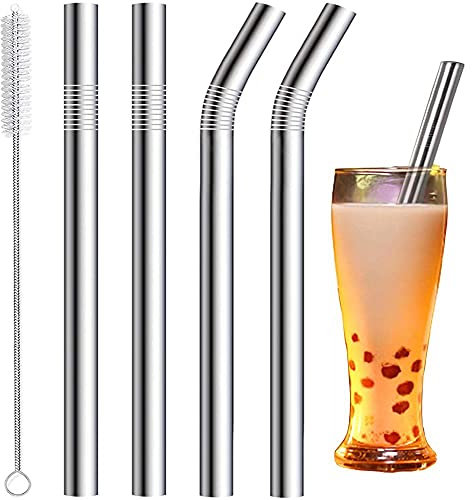 Vinaco Wiederverwendbare Bubble Tea Strohhalme 12 MM - Set aus 4 Edelstahl Strohhalme 216/266 MM Lang mit 1 Bürste für Dicke Getränke & Milchshakes