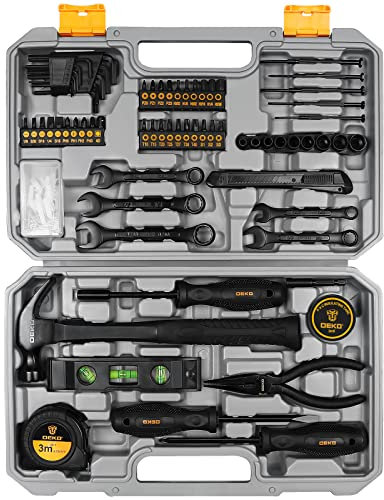 DEKO Caja Herramientas Completa 148 Piezas, Maletin Caja de herramientas Bricolaje para el Hogar, Oficia y Coche, con Juego de Destornilladores Precisión Cinta Métrica Martillo