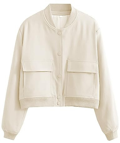 SCUSTY Women's Button Down Bomber Jacket Drop Shoulder Short Cropped Coat Outwear(Beige-XL)