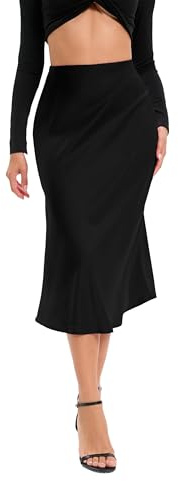 Oyamiki Ladies Black Midi Skirt Elegant Ruffle Skirt Zipper Hidden Elasticized Waistband Elegant Satin Dresses for Women, S