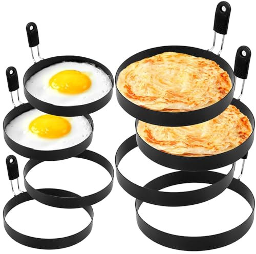 Anelli per uova, 4 stampi grandi per pancake da 15,2 cm e 4 stampi per uova fritte da 8,9 cm, in acciaio inox, antiaderente, per friggere uova, muffin, panini