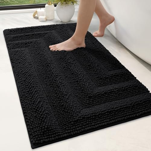 DEXI Badezimmerteppich 60 x 110 cm, Chenille Flauschiger Badematte, Badvorleger rutschfest waschbar, Saugfähige Badteppich, weicher Duschvorleger für Badezimmer, Schwarz