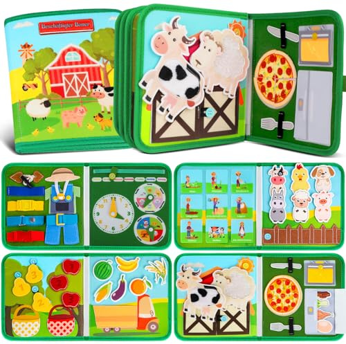 Quanquer Montessori Busy Board Deutsche Spielzeug ab 1 2 3 4 Jahre - Bauernhof Book für Frühe Bildung Auto & Flugzeug Fahrten - Geburtstag Feiertag Ostern Kindertag Geschenke für Kleinkinder