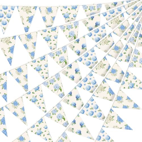 Ouvibor 32Ft Hydrangea Triangle Bunting Banner, 36 Pcs Cotton Fabric Flags Pennant Garlands Vintage Floral Garlands for Wedding Birthday Bridal Shower Outdoor Home Decorations (Hydrangea)