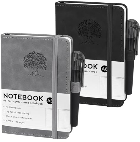 ZWQLZG Anteckningsbok A6, 2 stycken A6 Anteckningsböcker, 80 g/m² papper, 14,5x9,9 cm, 192 sidor tomt notisblock med gummband, väskor Anteckningsböcker i PU-läder för skola, arbete och möten (Svart