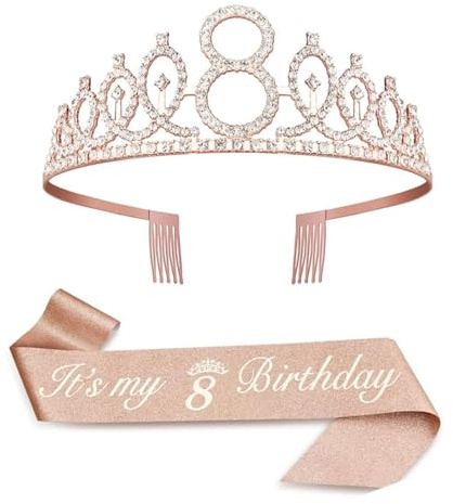 Anicy Couronne d'anniversaire de 8 ans pour fille - Écharpe d'anniversaire et couronne d'anniversaire pour fille - Cadeau de 8 ans - Décorations de fête d'anniversaire