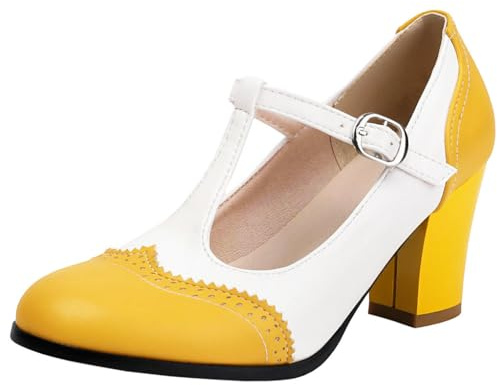 DINTAHA Yellow Vintage Heels, T Strap Heels for Women, Chunky Mary Jane Shoes Round Toe Ankle Strap Pump
