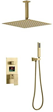 RWDAMPUW Juego de Ducha de baño con Mezclador de Lluvia, Pantalla Digital LED Oculta, Color Dorado Cepillado, con Cabezal de Ducha de Lluvia Cuadrado de 10-12 Pulgadas, Juego de Ducha de Lujo (10 tum