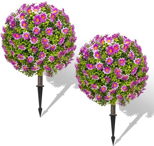 25 Artificial Boxwood Topiary Ball Trees with Purple Daisy, Fake Mums Plants with Ground SpikeïŒSet of 2 UV Resistant Faux Bushes, Fake Shrubs for Garden, Patio, Porch, Yard, Indoor