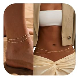QKEPCY Cinturones de Mujer Cadenas de Cintura Cadena de Múltiples Capas Sexy para el Cuerpo Ajustable Joyería Corporal Moderna Para Cualquier Ocasión con Tobillera (Dorado)