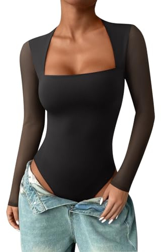 PINKMSTYLE Womens Square Neck Mesh Long Sleeve Bodysuit Going Out Tops Date Night Outfit Black Medium