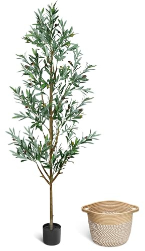 ZOES HOMDECO Faux Olive Tree 6ft, Olive Trees Artificial Indoor with Planter and Basket, Tall Fake Tree with Realistic Leaves and Fruits for Home Living Room Bedroom Outdoor Decor