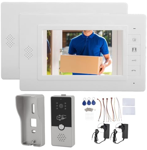 XTevu Teléfono de la puerta, intercomunicador de video con cable con pantalla de color de 7 pulgadas y lente de ángulo de 120 °, kit de intercomunicador a prueba de lluvia (Plata)
