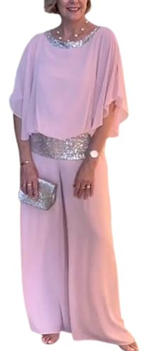 Conjunto de Dos Piezas Pantalón Trajes Madre de la Novia Vestido Invitado de Boda Gasa Fluida Elegante Mujer Trajes Formales (1-Rosa,XXL)