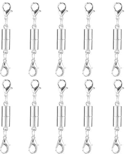 YAWYO Pack de 10 Cierres Magnéticos para Collares | Extensores Magnéticos de Joyas con Doble Cierre de Langosta para Collares, Pulseras, Tobilleras (Plata)