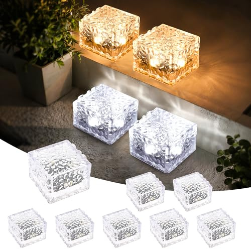 GIGALUMI 8 Pack Solar Lights PVC Brick Outdoor Garden, 2-in-1 Dual Color Warm and Cold White Solar Lights Garden Ornaments Outdoor Waterproof for Path Lawn Pond Patio Ground Driveway