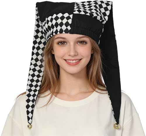 Cappello da giullare arlecchino con code lunghe e campane, costume da clown a scacchi bianchi e neri, unisex, taglia unica per Halloween, cosplay, circo gotico