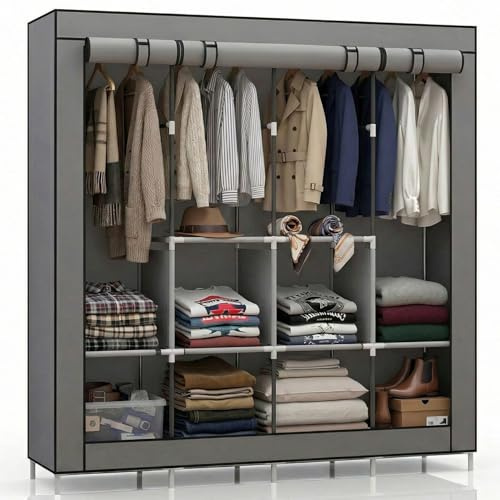 Lighterday Fabric Wardrobes for Bedroom,Bedroom Wardrobes with Shelves and Hanging Rail,Canvas Wardrobe Storage Solutions,Clothes Storage Organiser,Clothes Rail with Cover,170x45x170cm,Grey
