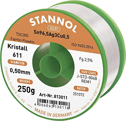 Stannol 813011 lödtråd kristall 611 2,5 procent 0,5 mm Flowtin TSC305 (Sn96,Ag3Cu0,5) Fairtin 250 g spole