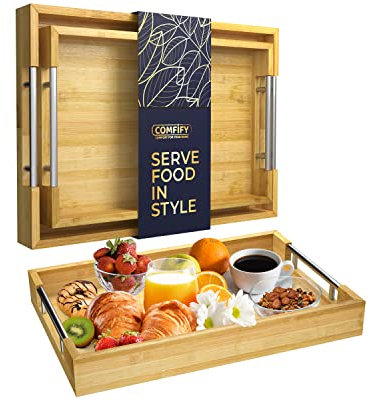 Plateaux de Service Modernes en Bambou avec poignée – Lot de 2 Plateaux en Bois Qui s'emboîtent – Grand et Petit Plateau pour Nourriture, décoration ottomane et Plus Encore – Plateaux en Bambou pour