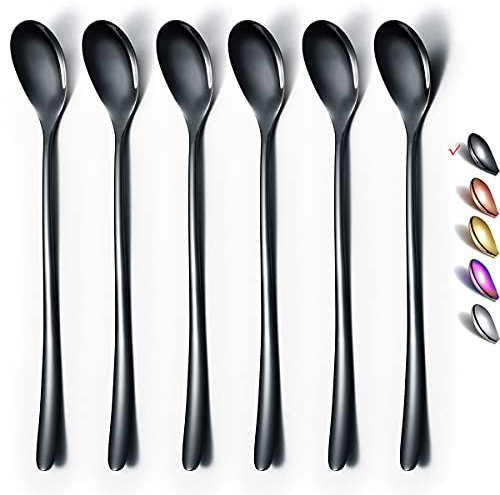 HOMQUEN Schwarzer Löffel Mit Langem Griff, Kaffeerührer, Premium-Edelstahl-Kaffeelöffel, Eisteelöffel, Eislöffel, Cocktail-Rührlöffel, Teelöffel, 6Er-Set (Schwarz)