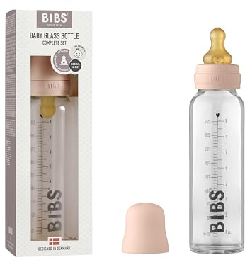 BIBS Baby Glass Bottle. Anti-Colic. Round Natural Rubber Latex Teat. Supports Natural Breastfeeding, Complete Set - 225 ml, Blush