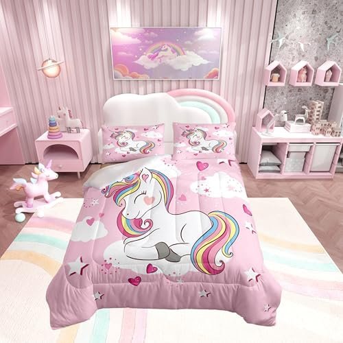 Juego de ropa de cama con diseño de unicornio para niños y niñas, corazones rosas, regalos de unicornio, juego de edredón acolchado/juego de fundas nórdicas, tamaño doble