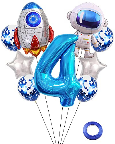 Kawailay Weltraum Luftballon Set Astronauten Geburtstag Deko 4 jahre Astronauten Raketen Folienballon Blau Zahl 4 Luftballons Aluminium Ballon für Kinder Jungen Mädchen Geburtstag Party