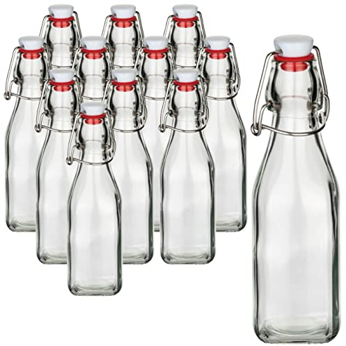 gouveo 12er Set Glasflaschen 250 ml eckig mit Bügelverschluss - Leere Bügelflaschen zum Befüllen und Verschenken - Ideal für Likör, Sirup, Saft, Smoothie, Öl, Essig (BFE250)