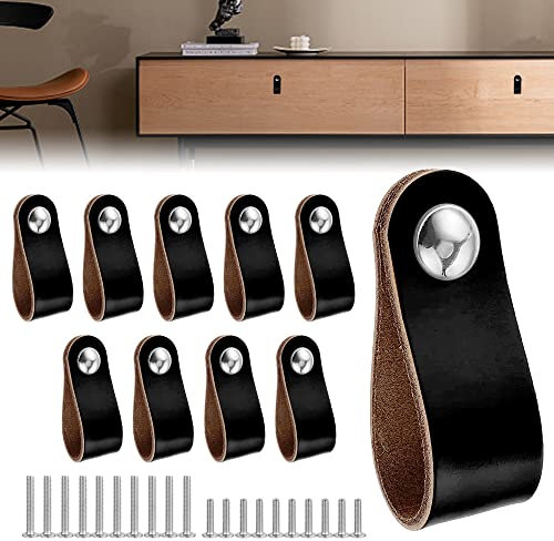 QINERSAW Lot de 10 poignées de porte de meuble en cuir noir, 20 vis, simples et élégantes, 14 x 2,5 cm, ambidextres, utilisation intérieure