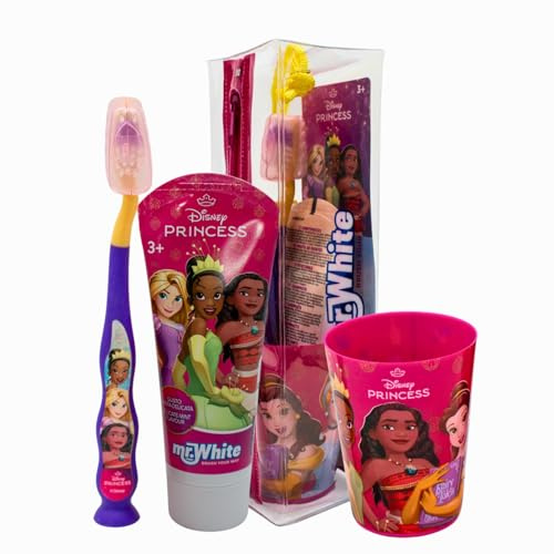 Mr.White Princess - Juego de bolsa para niños - Cepillo de dientes con ventosa en la base, cubierta de cerdas, pasta de dientes para niños con sabor a menta, formato de 75 ml y cristal