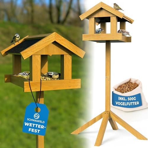 Schwanfeld® Vogelhaus mit Ständer wetterfest [FÜR ALLE VOGELARTEN] - inkl. 500g Vogelfutter - Vogelfutterhaus mit Ständer wetterfest & langlebig - sicheres Futterhaus für Vögel 1,2m hoch (kippsicher)