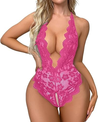 Lingerie Femme One-Piece Lingerie Hot Body Dentelle sous Vêtements Ouverte Babydoll Fendue sous Vetements Feminins Décolleté en V Teddy Lingerie,Rose