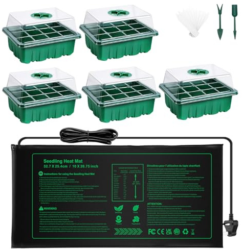 NAMOTEK 5 Pack Seed Starter Tray with Heat Mat and Humidity Domes, 60 Cell Trays Germination Station Cloning Kit heated propagator for seeds