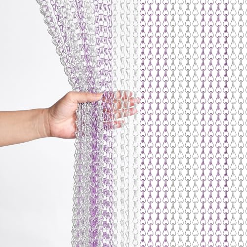 Gluwoer Cortina de Cadena de Aluminio 90 × 200cm Puerta Mosca Cadena Pantallas (Plata & Púrpura)