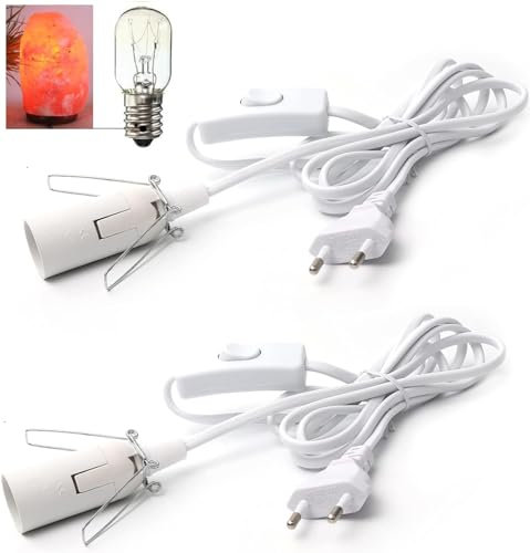 Lampenfassung, 2 Stück Kabel mit Schalter für Salzlampe Lampenfassung E14, Salzlampenfassung mit 1.8M Kabel Isolierung Schalter und Eurostecker, Kabel Beleuchtung Salz Lampenfassung (White, 1.8M)