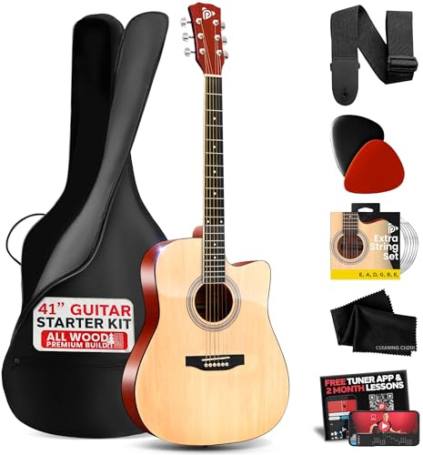 Pyle Steel String Acoustic Guitar Kit, 4/4 Full Size Cutaway All-Wood Guitarra Acustica with Premium Accessory Set and Upgraded Gig Bag, 41 Natural, Glossy