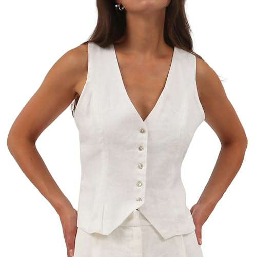 Amazhiyu Gilet da donna in lino, senza maniche, con scollo a V, corto, con bottoni, vestibilità aderente, cinghie regolabili, bianco, XL