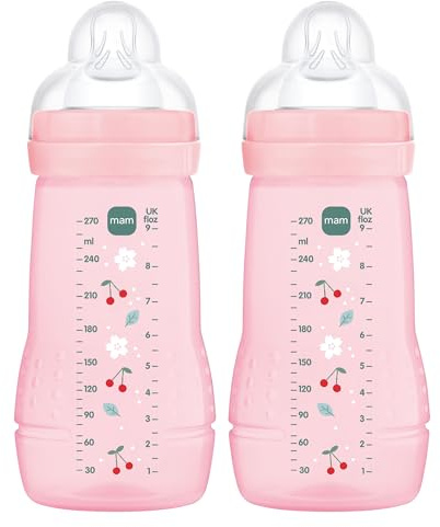 MAM Pack 2 Biberones, 2-4 Meses, 270ml, con Tetina 2 de Flujo Medio de Silicona de Fácil Aceptación, Fácil de Sostener, Fácil de Limpiar, MAM Easy Active, Rosa Brillante, Pack de 2uds