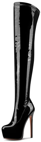 NobleOnly Mujer Alto High Aguja Heel Redonda Punta Plataforma Sobre la Rodilla Botas Cremallera Baile Fiesta Botas 15 CM Heels