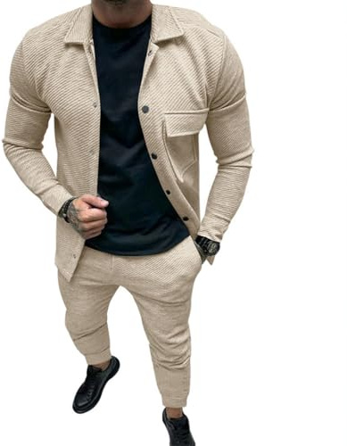 Oanviso Homme 2 Pièces Survêtement Veste Blousons avec Bouton Combinaison de Sport Ensemble Survet Sportswear Pull à Manches Longues Pantalon Vêtements pour Automne B Kaki L
