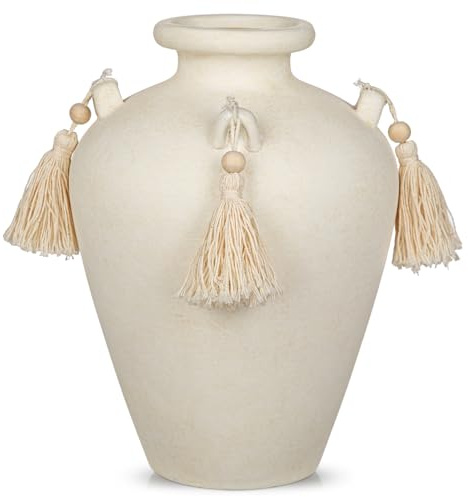Arborus Vas beige 24 cm vintagevas med tofsar bohovaser, blomvas, rustik, dekorativ vas för konstgjorda blommor som tulpaner, hortsia, pampasgräs, eukalyptus, rustik, boho, vintage, dekoration i