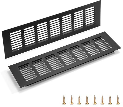 Griglia di Ventilazione Rettangolare, 2 Pezzi Griglie D'Aerazione in Metallo, Nero Griglia Rettangolare con Vite per Armadi Porte Scarpiere Cassettiere (8x30cm)