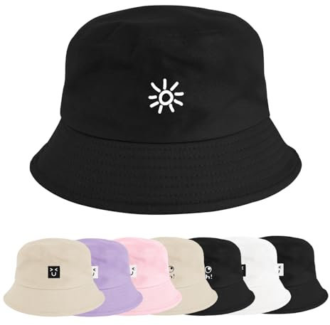 Xnova Fischerhut Bucket Hat Herren Damen Bunt, Druck Mütze Strand-Sonnenhut Anglerhut Sonnenschutz, Baumwoll Sommerhut Bestickte Fischerhüte Unisex Outdoor Hüte (Sonne-Schwarz, 56-58 cm)
