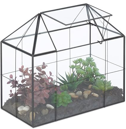Relaxdays Terrario Piante, Mini Serra in Vetro e Rame, HLP 27x30x15 cm, Piantine Grasse e Muschi, Vaso Ecosistema, Nero