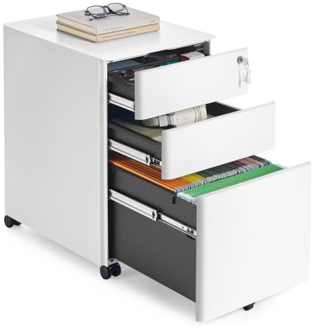 SONGMICS Schubladenschrank, Rollcontainer mit 3 Schubladen, abschließbarer Aktenschrank, vormontiert, Metallschrank, Druckertisch, Büro, Homeoffice, 50 x 39 x 59 cm, mattweiß OFC032WG01