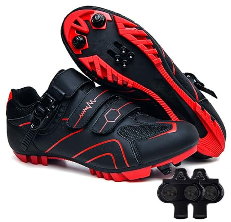 Treer Zapatillas Ciclismo Montaña, Zapatillas de Ciclismo Verano Ligeros, 36-47EU Zapatos Bicicleta Montaña Hombre Unisex Calzado Bicicleta con 4 Hoyos Cleats (Rojo y Negro,45)