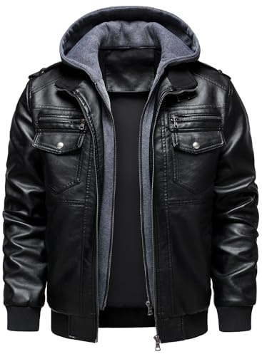 HOOD CREW Men's Faux Leather Hooded Jacket, Wind-Resistant PU Motorcycle Jackets