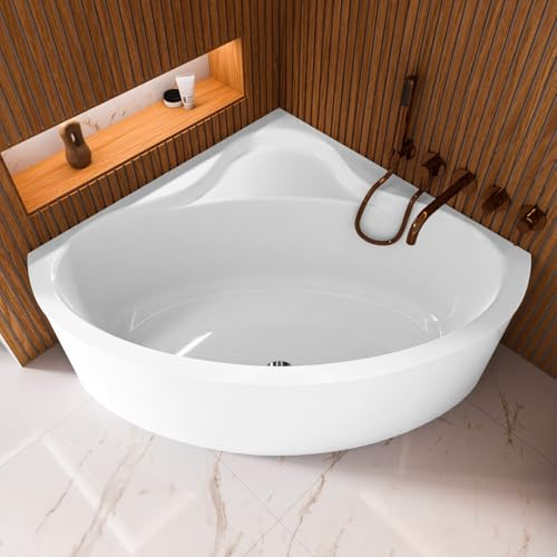 ECOLAM Baignoire d'angle Bala 120x120cm + tablier | bonde de vidage pieds + silicone | baignoire moderne avec siège | ensemble complet