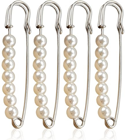 ELNX Set di 4 Spille di Sicurezza Grandi con Perle | Spille Decorativi 7,9 cm con Perle Sintetiche | Spille di Sicurezza Moda | Accessorio Decorativo per Abiti, Maglioni, Scialli, gonne (Argento)